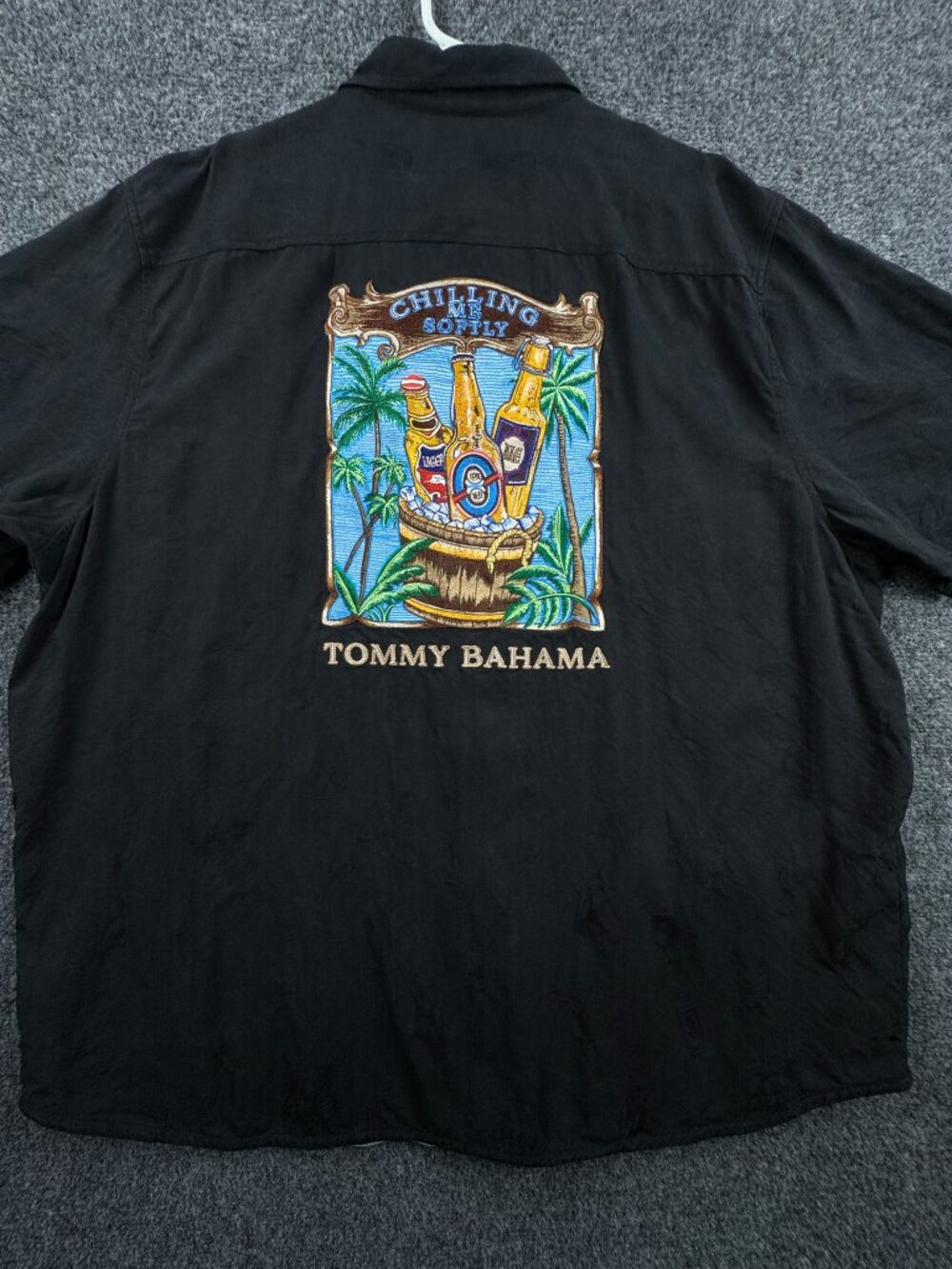 Tommy Bahama Chilling Me Softly Black 2XLT Short Sleeve Logo Silk Hawaiian Mens